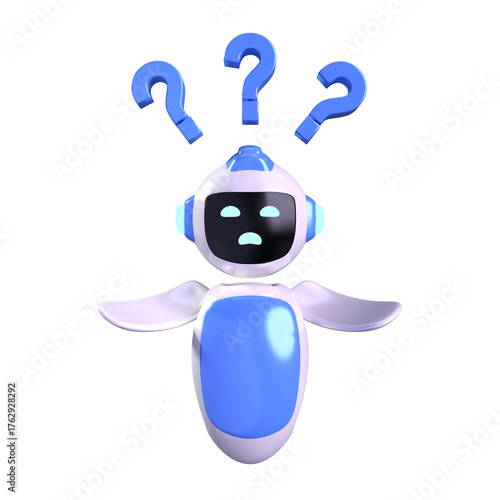 3D Rendered Cute Confused Robot Character with Question Marks Illustration