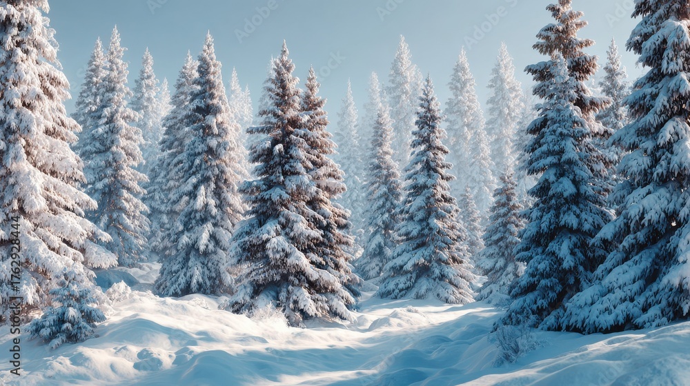 Naklejka premium frozen winter forest with snow covered trees outdoor happy new year and merry christmas no logos no brands ar 169