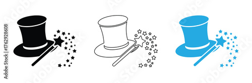 magic wand icon vector template,magic hat icons in black, outline, and blue isolated on white background,Charming magic hat set with star wand casting magical stardust spell,