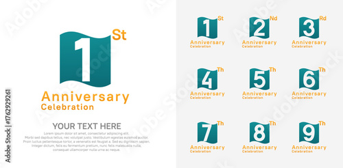 Anniversary logo set vector design, blue and orange color for celebration event