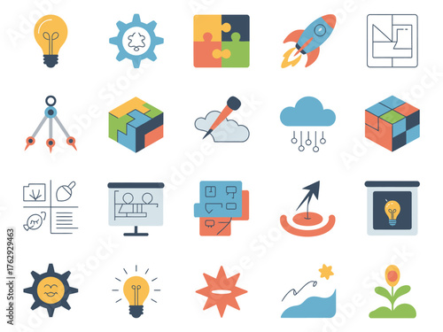 A colorful collection of creative icons representing ideas and innovation.