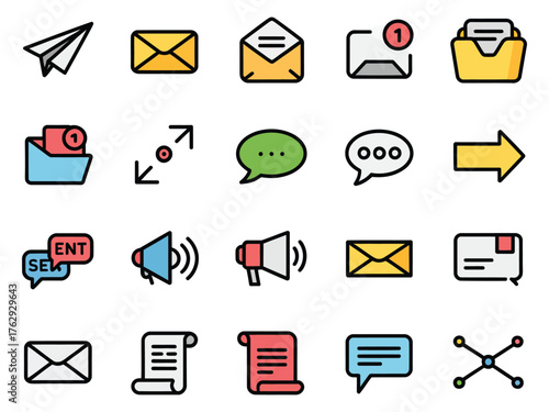 Colorful communication icons depicting email, messages, and notifications.