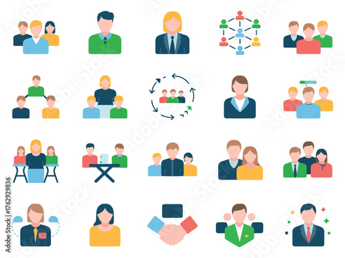 Diverse group of professional icons representing teamwork and networking in a modern office setting.