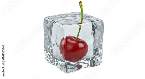 3D Realistic Cherry Frozen In Ice Cube Transparent Background