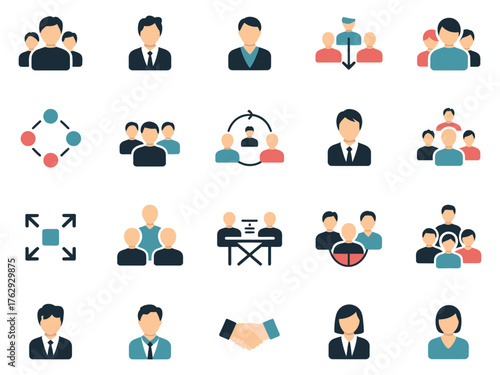 Professional business icons depicting teamwork, leadership, and collaboration in a modern style.