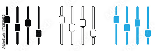 Adjustments icon Flat illustration vector with thin stroke,equalizer icons in black, outline, and blue isolated on white background,