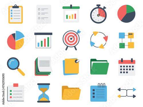 Colorful flat design icons representing project management and productivity tools.