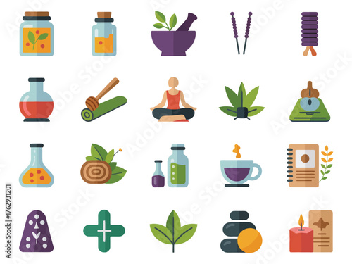 A vibrant collection of wellness and herbal icons in a modern flat design.