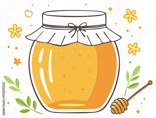 Jar of golden honey with honey dipper and decorative floral elements