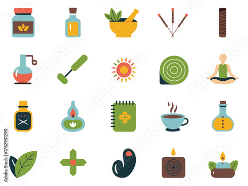 A vibrant collection of wellness and natural healing icons featuring herbs and remedies.