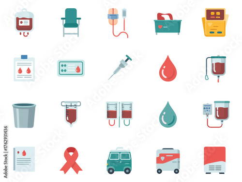 Colorful medical icons illustrating blood donation and transfusion processes.