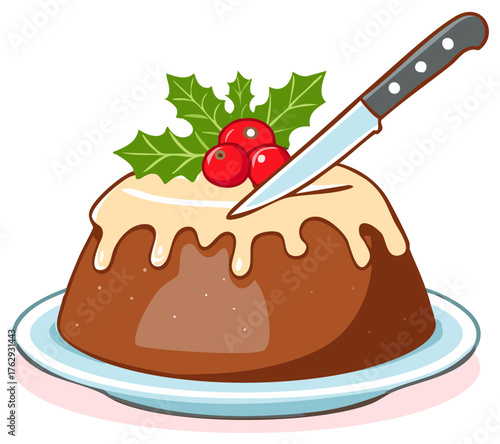 Traditional Holiday Pudding Dessert with White Icing and Red Berries Ready to Serve Cartoon Style Illustration