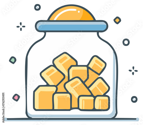 Cartoon glass jar filled with gold bars symbolizing wealth savings and finance