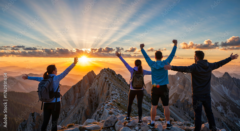 Fototapeta premium Group of hikers on a mountain summit with arms raised, celebrating success at sunset