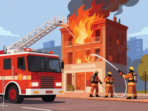 Brave firefighters working together to extinguish a massive building fire in the city with teamwork and dedication

