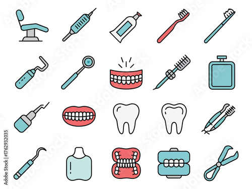 Illustration of dental tools and items, featuring a colorful array of dental hygiene equipment.