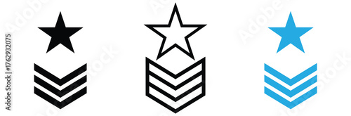Three military rank icons in black, outline, and blue isolated on white background.Military rank insignia trio features star and chevron design elements.