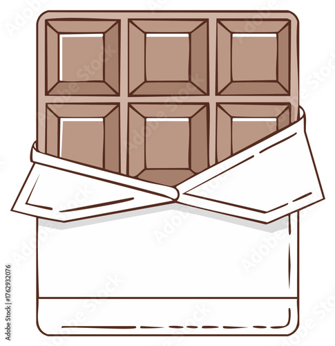 Delicious Chocolate Bar with Wrapper, Isolated and Ready to Eat, Sweet Treat, Cartoon Style Graphic