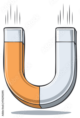 Cartoon illustration of a powerful U shaped horseshoe magnet with magnetic force field lines