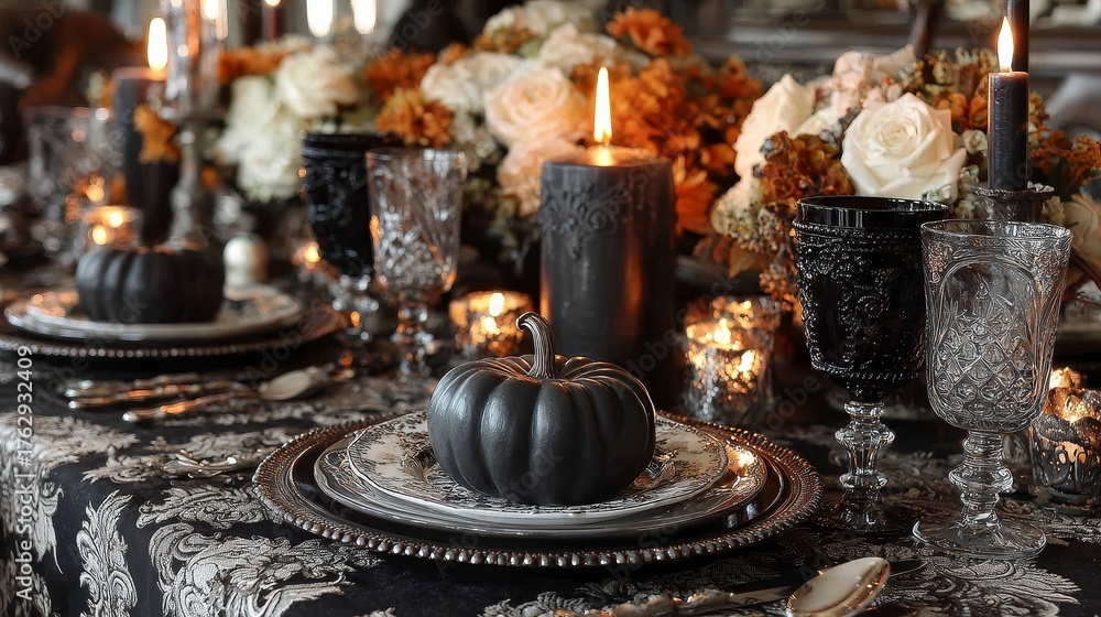 Fototapeta premium Beautiful Halloween table setting with festive decorations, pumpkins, candles, and spooky accents arranged on elegant surface, cozy seasonal holiday concept with detailed atmosphere.