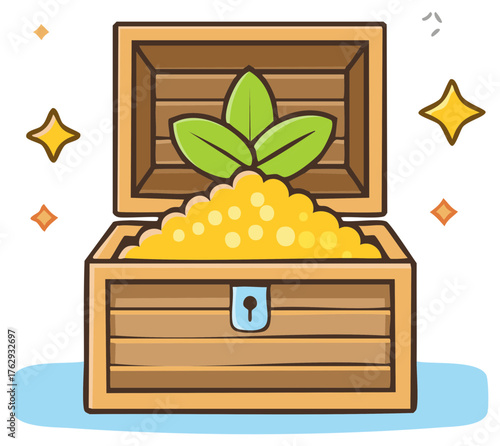 Open Wooden Treasure Chest Filled With Gold Coins and Green Leaves With Sparkling Stars