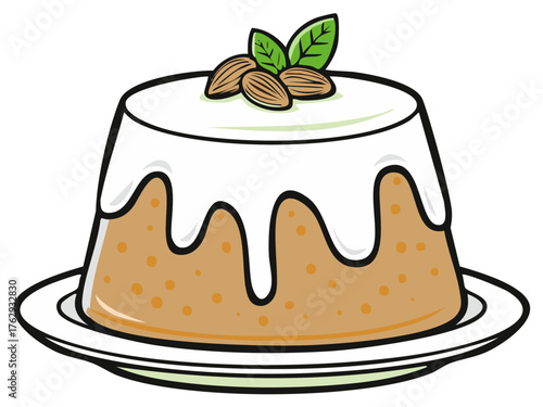 Cartoon almond pudding with white icing and mint garnish on a plate vector illustration