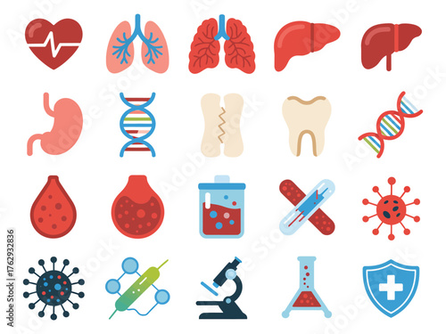 A vibrant collection of medical and health-related icons symbolizing various body systems and elements.