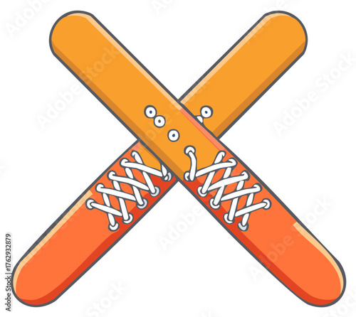 Vibrant orange skis with white shoelaces crossed in a playful vector illustration