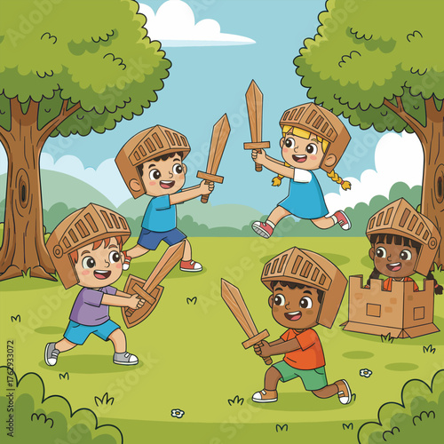 Joyful children playing knights adventure in the park using cardboard helmets, wooden swords, and imagination together outdoors