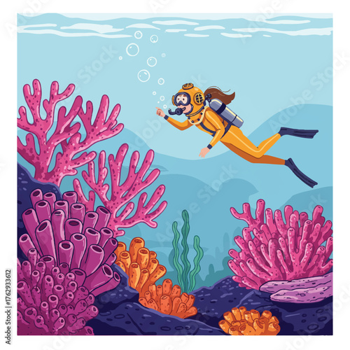 Woman diver explores the colorful sea bottom, surrounded by vibrant corals and ascending bubbles, presented as a clear flat 2D cartoon vector illustration on a clean white background.