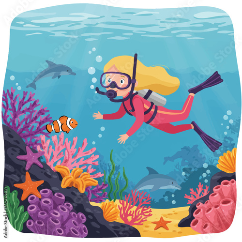 Flat 2D vector illustration depicts a girl in a blue scuba suit swimming and exploring a colorful tropical coral reef filled with diverse ocean life on a pure white background.