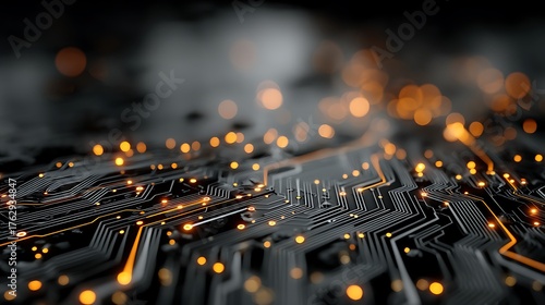 Abstract glowing circuit board with high-tech lighting on black background, wide composition and right-side blank space for product display, perfect for digital technology branding.