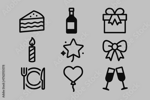 Minimal black icons set featuring refined birthday symbols such as champagne, candles, and ribbons, perfect for elegant party graphics and invitations.