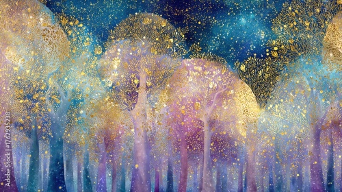 magical forest winter wonderland holiday trees and golden glowing lights christmas card style watercolor abstract artistic enchanted nature woodland background wallpaper backdrop wrapping paper