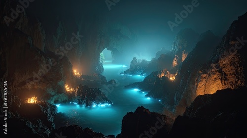 Fototapeta Naklejka Na Ścianę i Meble -  Pixelated Cave Landscape With Glowing Water And Rocks