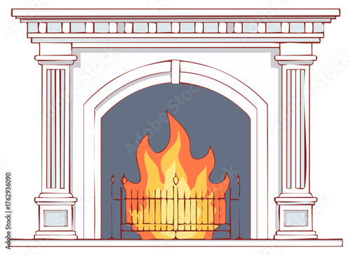 Warm fireplace burning with yellow flames inside of an white architectural mantel during wintertime, creating comfort and holiday cheer