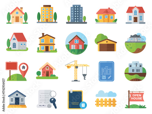 Colorful illustration of various house types, buildings, and real estate icons symbolizing home and construction.