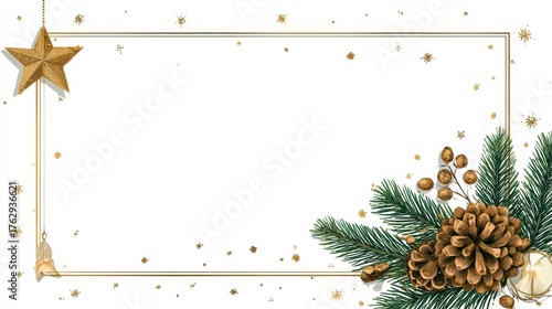 minimalist christmas poster with golden frame pinecone star garland candle lantern white background scandinavian design festive holiday decor