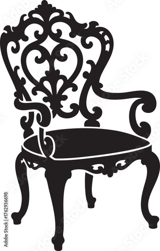 A black silhouette of an ornate chair with curved legs and armrests on a white background design