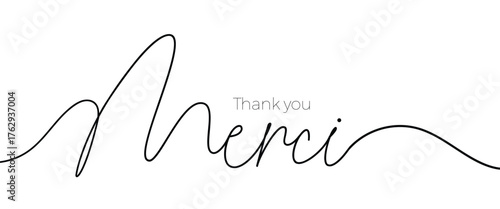 Thank you in French, ink brush style vector lettering. Merci phrase handwritten vector calligraphy with swooshes. Modern brush lettering isolated on white background. Postcard, greeting card, t shirt