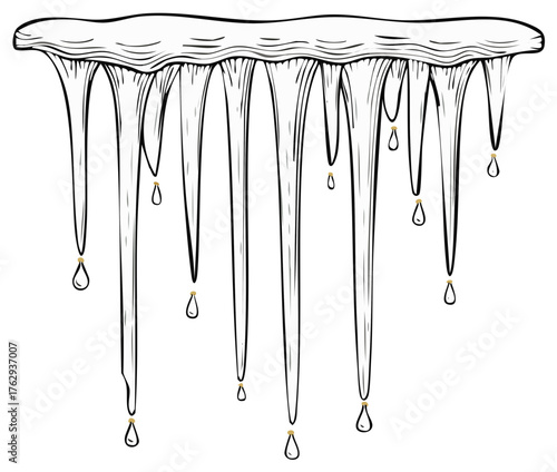 Melting icicles hanging with dripping water drops line art illustration