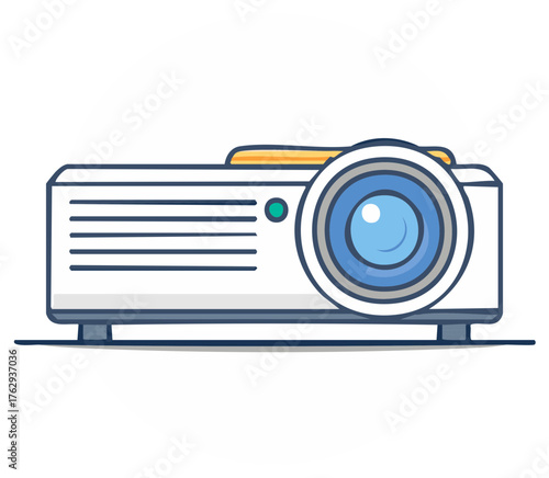 Cartoon projector illustration showing presentations, movies, technology in meeting rooms or at home.
