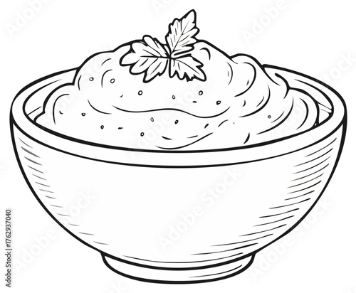 Hand drawn sketch of a creamy food dip in a bowl with herb garnish line art illustration