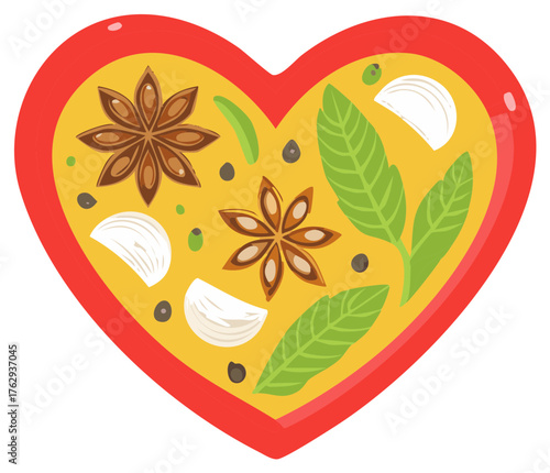 Vibrant heart full of aromatic cooking spices star anise garlic cloves and fresh herbs illustration
