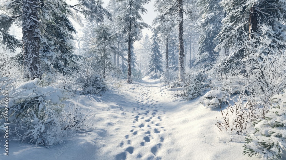 Fototapeta premium winter wonderland snow forest landscape with footprints on path through snowy trees scenery outdoor view