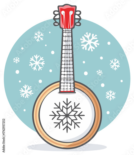Illustrated banjo with a snowflake on the drum and falling snow for winter music