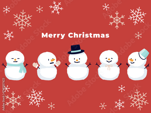 5体の雪だるまと雪の結晶のクリスマスカード_赤背景