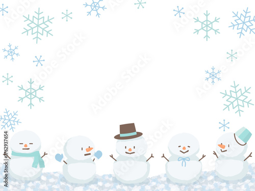 5体の雪だるまと雪の結晶のフレーム