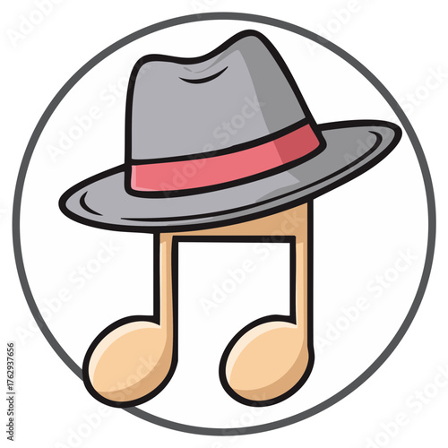 Cartoon musical note wearing a classic fedora hat vector logo for jazz or blues music
