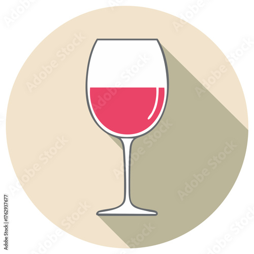 Modern graphic illustration of a wine glass filled with red liquid featuring a stylish long shadow inside a circular frame